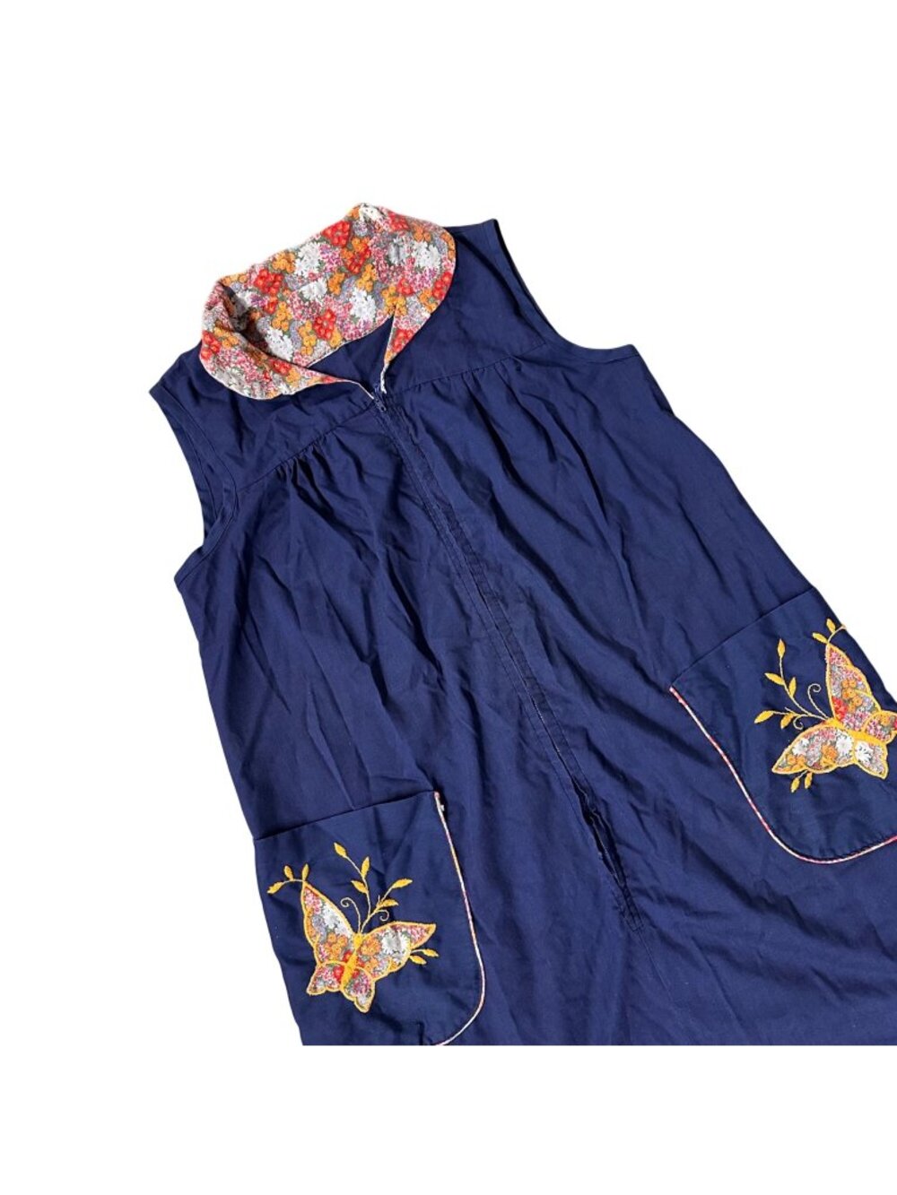 Vintage Duster Housecoat Handmade 1970s Sleeveless Floral Butterfly Pockets